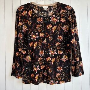 Garnet Hill size L Signature Eco Merino Cardigan black floral fitted 3/4 sleeve